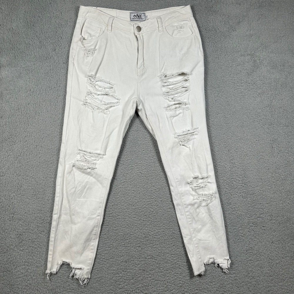 One Above Another White Distressed Ripped Jeans High Rise Raw Hem Sz 8 Shredded